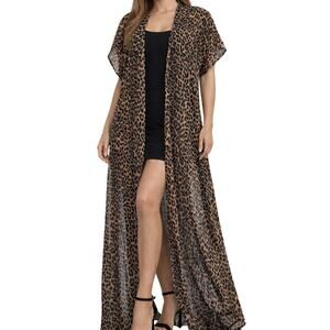 Leopard Print Maxi Kimono Duster Dress L XL Sheer Boho Festival Overlay